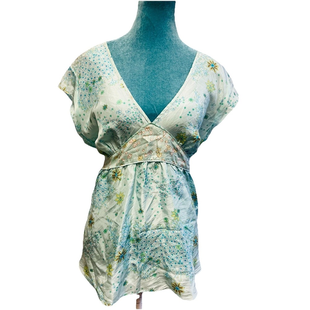 GAP Pale Blue Floral V-Neck Empire Top with Green and Yellow Accents M/L